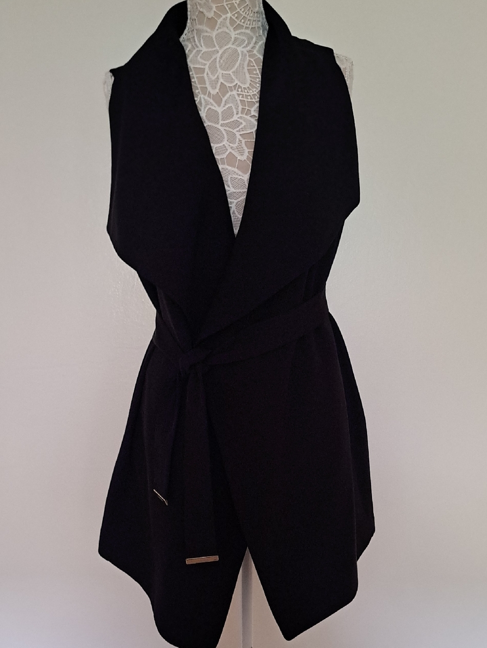 Calvin Klein Black V-Neck Sleeveless Belted Long Vest